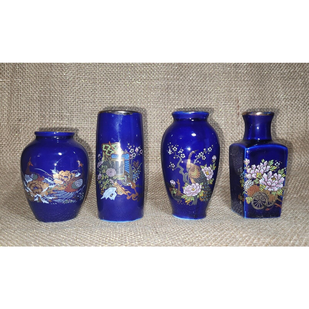 Mini Japanese Cobalt Blue Vase Set Floral Bird Art‎ Peacock Flower Gold Japan S1
